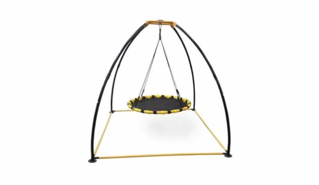 A black and yellow basket swing and frame.