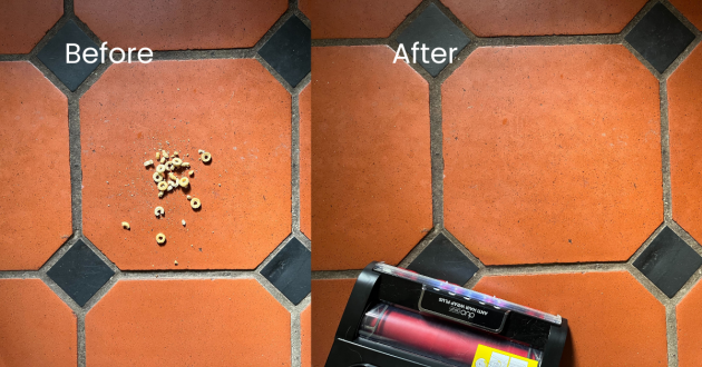 Mumsnet journalist Poppy O'Neill hand testing the Shark Stratos IZ400UK Anti Hair Wrap Plus Cordless Vacuum