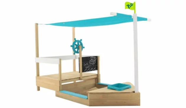 A wooden play boat with a pale blue sun shade