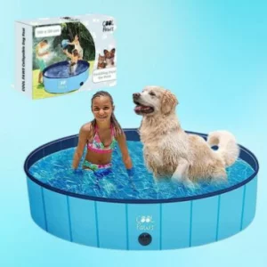 COOL PAWS Collapsible Dog Pool with a dog and girl sitting in the water