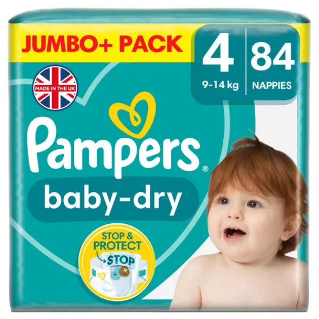 A product image of Pampers Baby-Dry Size 4, 84 Nappies, 9kg - 14kg, Jumbo+ Pack