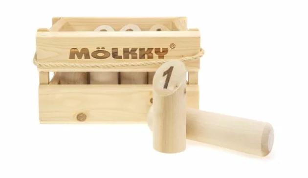 A set of wooden Molkky pins in a wooden crate. Two pins sit in front of the crate