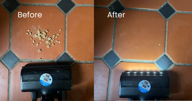 Mumsnet journalist Poppy O'Neill hand-testing the Bosch Unlimited 10 Cordless Vacuum Cleaner