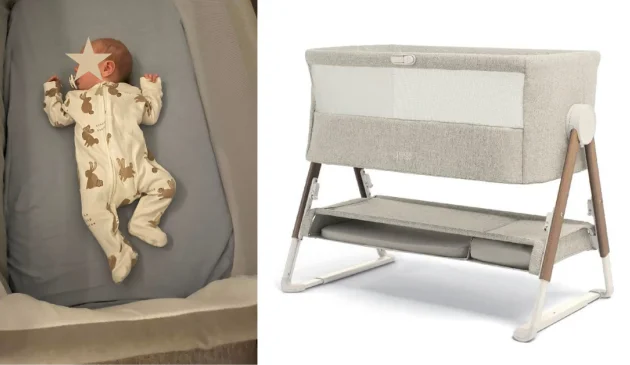Baby in Mamas & Papas Lua Bedside Crib