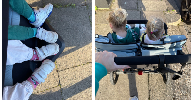 children sitting in Out n About Nipper Double V6 pushchair