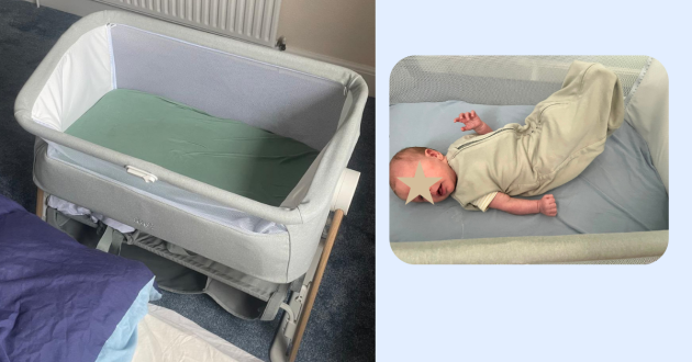 Baby sleeping in Mamas & Papas Bedside Crib