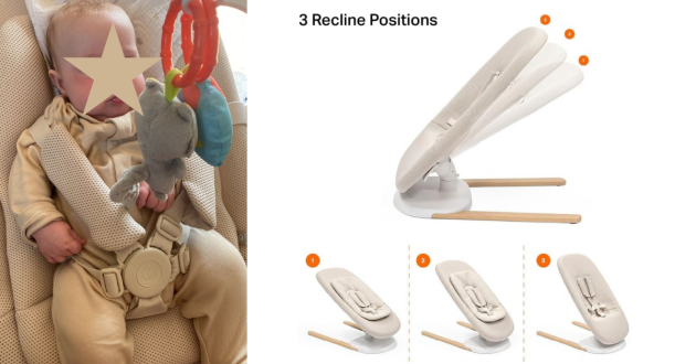 Baby in Stokke Yoga bouncer with recline positions