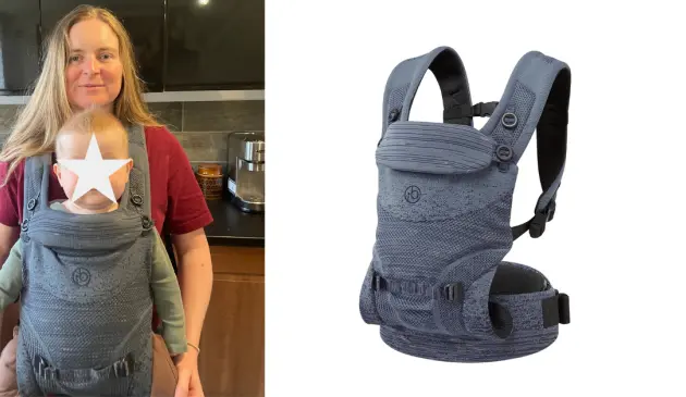 Mum using Ickle Bubba Seren baby carrier hero