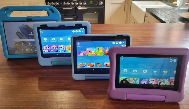 A set of kids tablets on a table