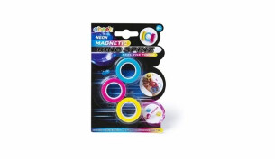 A pack of neon coloured abeec Magnetic Rings Spinz. Rings are blue, yellow and pink in a black packet