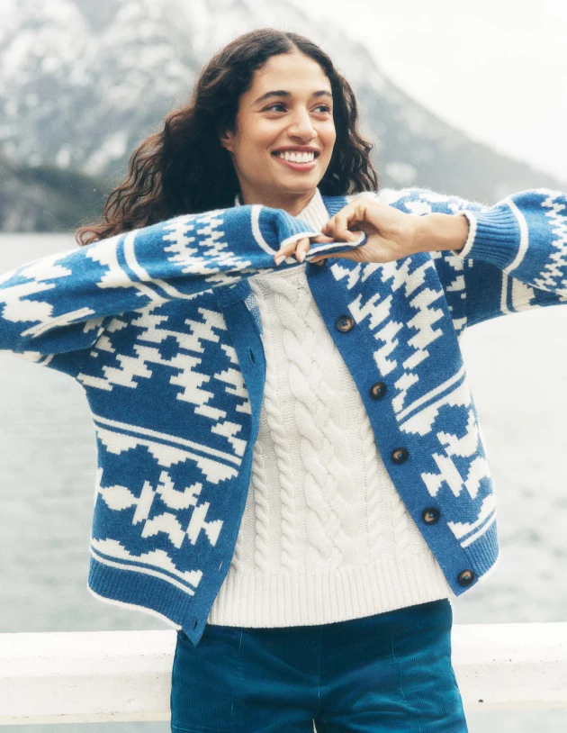 A model wears Boden's Abi Jacquard Cardigan