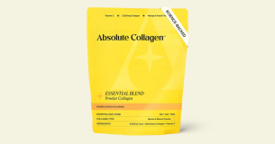 Yellow pouch of Absolute Collagen Essential Blend mango and peach powder collagen