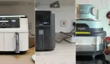A grid of three air fryers by Ninja and Tower