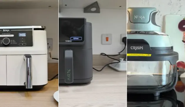 A grid of three air fryers by Ninja and Tower