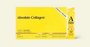 Absolute Collagen Hair Pro box and yellow liquid collagen sachet