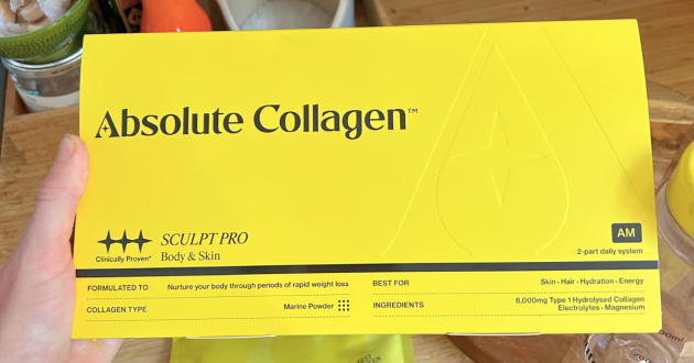 Natalie holding the bright yellow Absolute Collagen SCULPT PRO morning supplement box