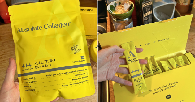 SCULPT PRO evening powder pouch beside an open box of individually wrapped morning sachets