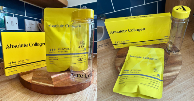 Two views of the SCULPT PRO box, evening powder pouch and marked shaker bottle on Natalie’s kitchen worktop