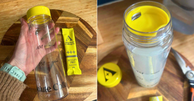 SCULPT PRO morning sachet beside the empty shaker, followed by the prepared drink inside the bottle