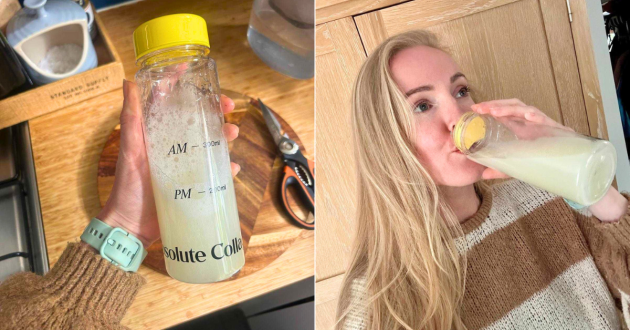 Natalie holding the prepared SCULPT PRO drink and drinking it from the supplied shaker bottle