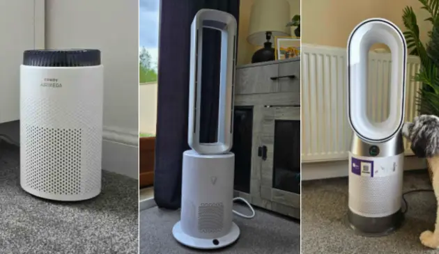 A grid of air purifiers by Coway, Vortex and Dyson