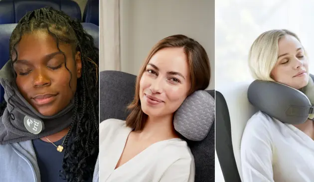 A grid of different travel pillows from Trtl, Jysk and Boots