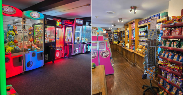Games arcade machines beside the hotel gift shop stocked with toys, snacks and essentials