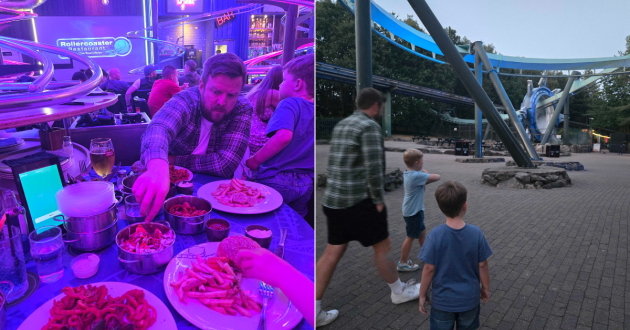Family eating inside the Rollercoaster Restaurant and walking past empty rides after closing time