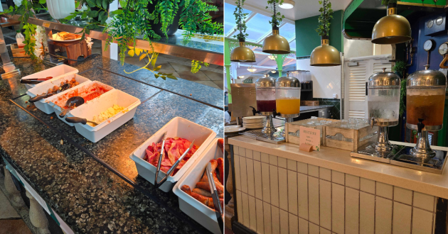 Breakfast buffet dishes and fruit-juice dispensers at the Secret Garden Restaurant