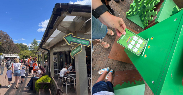 Minecraft Baby Mob Trail sign beside a child stamping a trail card