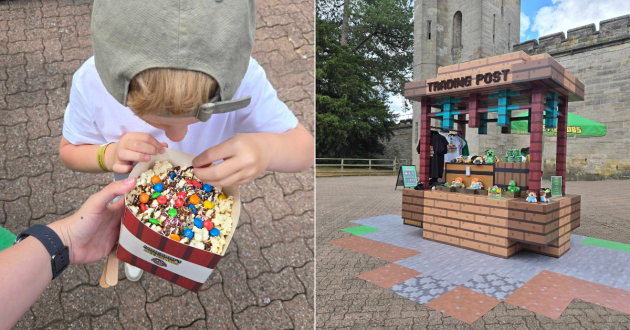 Child sharing a box of Baby Mob Mega Munch and the Minecraft Trading Post merchandise stand