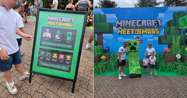 Minecraft activity timetable and a family posing with a Creeper character