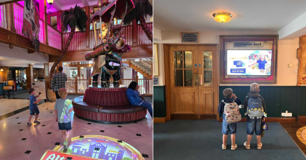 Two views of Alton Towers Hotel lobby, including the explorer statue and children watching the information board