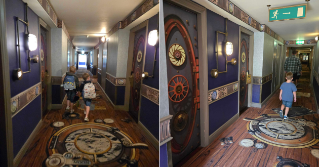 Two views of purple steampunk-style corridors leading to the Moon Voyage rooms