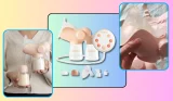 Annabella breast pump: image of breast pump being handled by real life tester, image of breast pump and included parts, image of breast pump after use with bottle of expressed milk