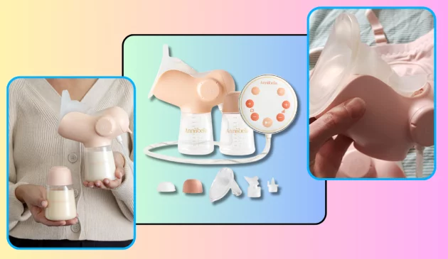 Annabella breast pump: image of breast pump being handled by real life tester, image of breast pump and included parts, image of breast pump after use with bottle of expressed milk
