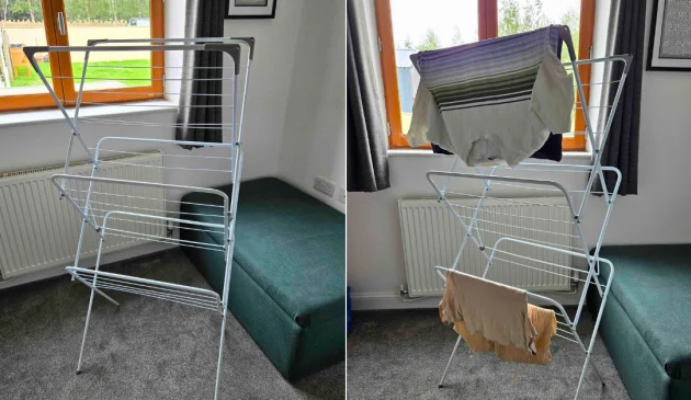 Argos Home 3-Tier Indoor Airer shown empty and holding clothes during testing in a family home