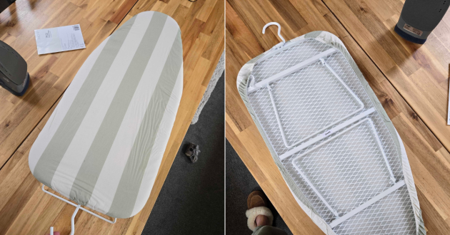 Argos tabletop ironing board shown from above and underneath with folding metal legs