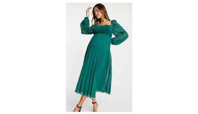 ASOS DESIGN Maternity Square square neck pleated midi skater dress in forest green
