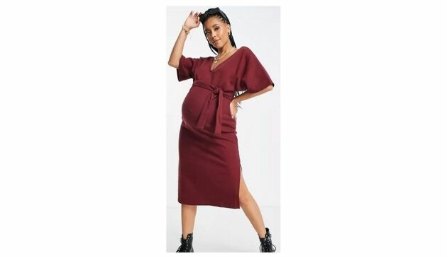 ASOS DESIGN Maternity super soft v neck belted midi jumper dress in merlot