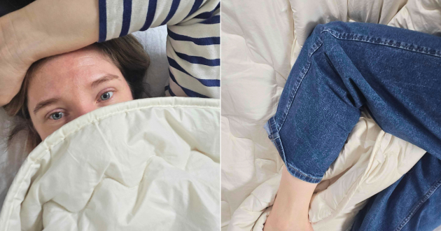 Split grid image of the reviewer testing the Ava Innes Luxury Cashmere and Wool Duvet on a super king bed — left: close-up of the naturally weighted duvet pulled up for a cocooning feel; right: side-sleeper position showing the flat loft, dense fill and supportive drape of the Year Round 8–11 tog duvet