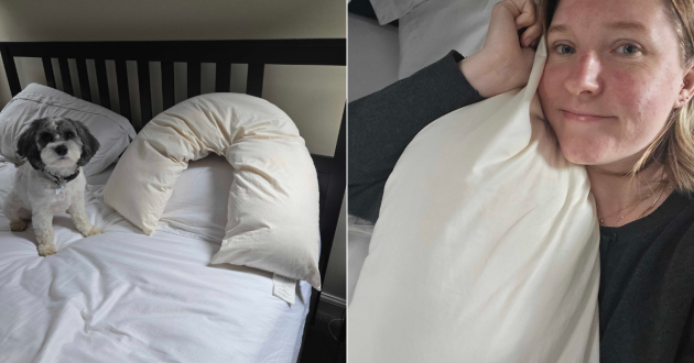 Tester Rebecca and her dog with the Ava Innes V Shaped pillow