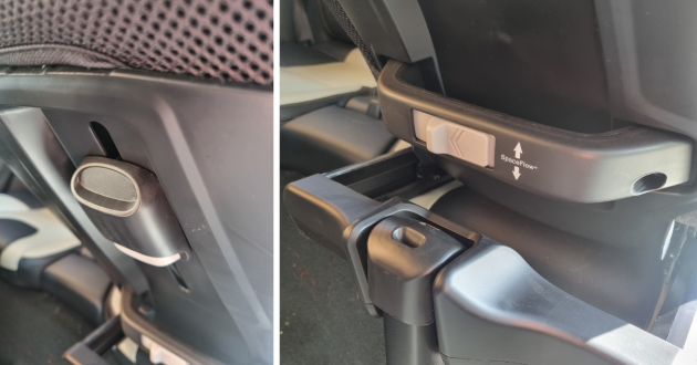 Headrest adjuster and SpaceFlow lever on Axkid One 3 car seat