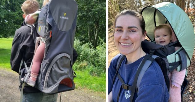Two parents testing baby backpack carriers with their children