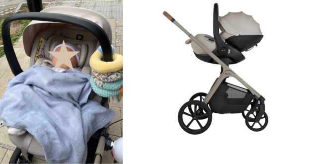 Baby in Silver Cross Glide 360 Plus car seat and stroller