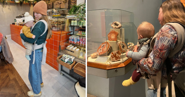 Mother and child using BabyBjörn Baby Carrier Harmony in café and museum