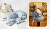 bbhugme nursing pillow review main image featuring image of pillow, travel case and image of pillow in testing with real mum Ally