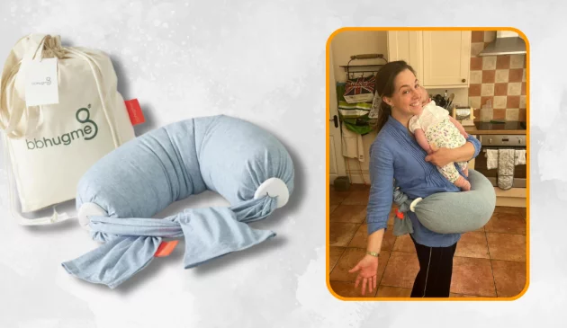 bbhugme nursing pillow review main image featuring image of pillow, travel case and image of pillow in testing with real mum Ally
