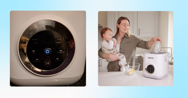 Bebello Washer review image showing close up of control panel and mother and baby using unit