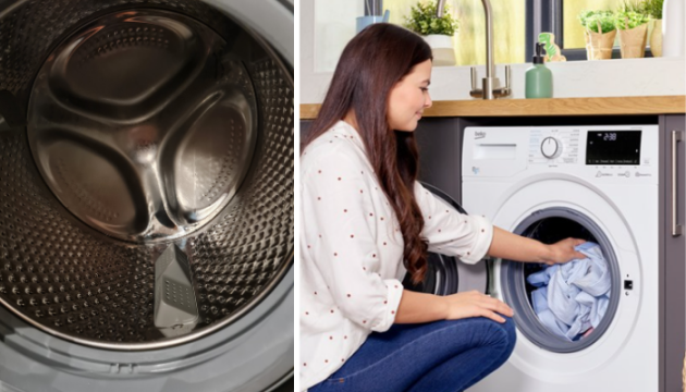 Woman loading washing into BEKO washing machine drum